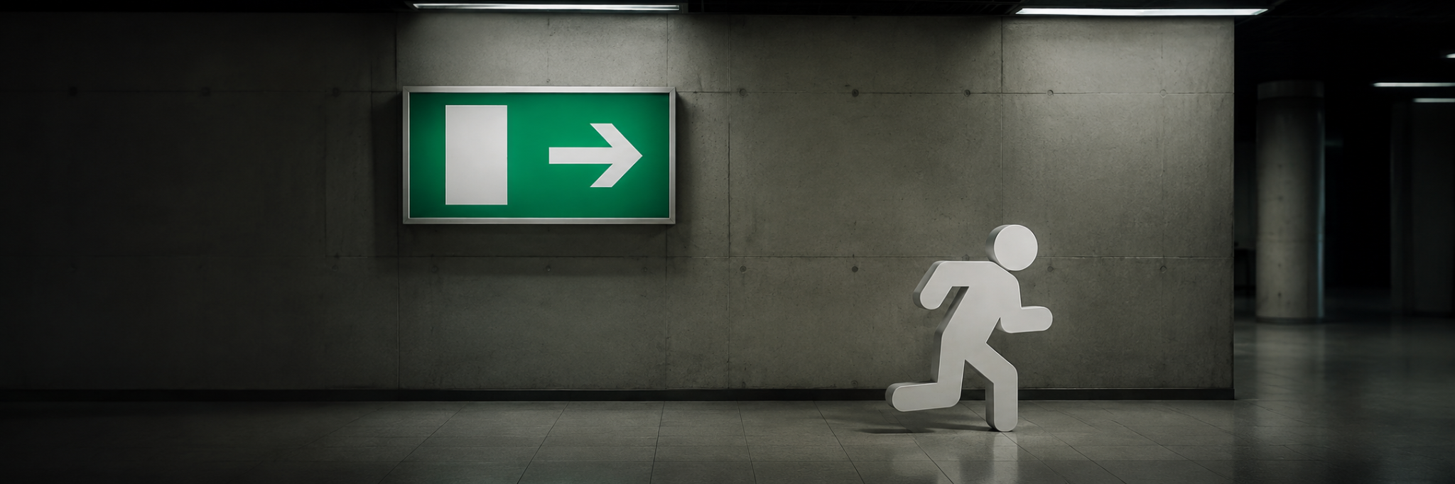 An empty emergency exit sign in a quiet concrete corridor, with Mr Exit walking away.