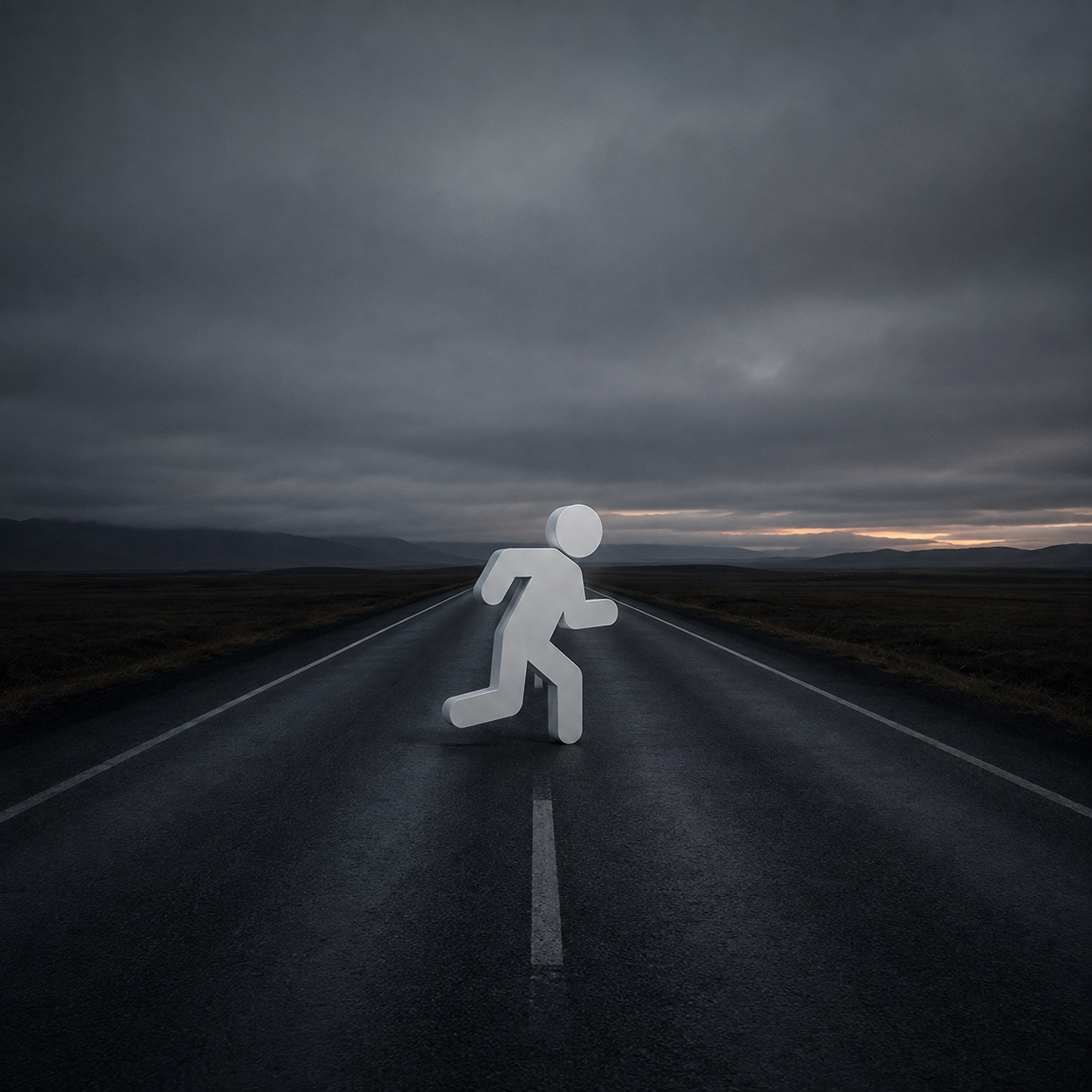 Mr Exit standing alone on an empty road under a dark sky.