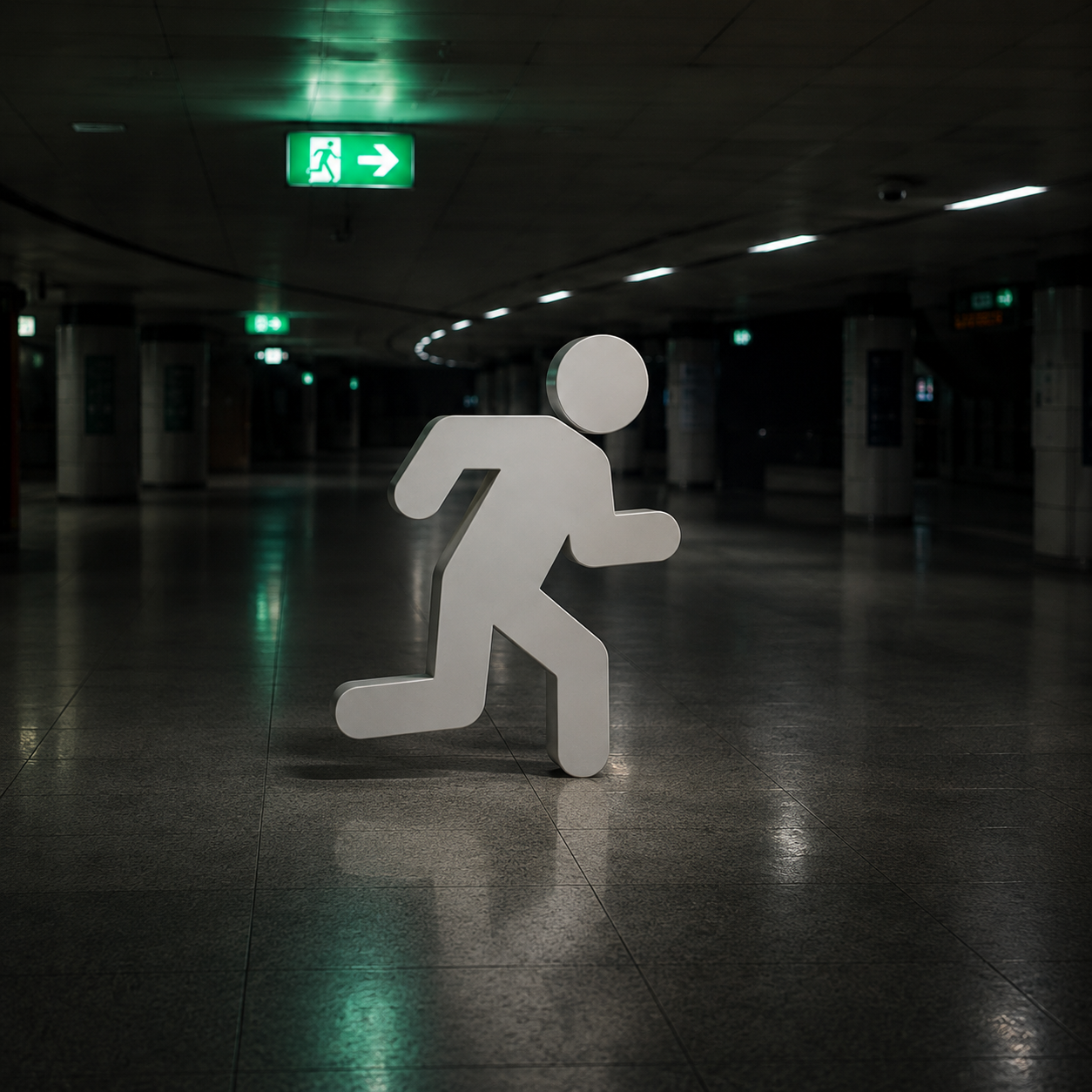 Mr Exit in a dark underground station beneath a glowing exit sign.